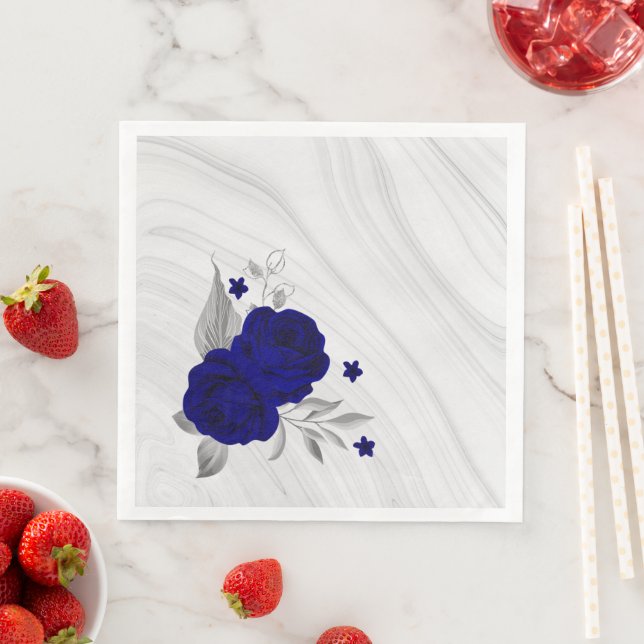 Servilleta De Papel De Cena flores azul real mármol hojas plateadas (In situ)