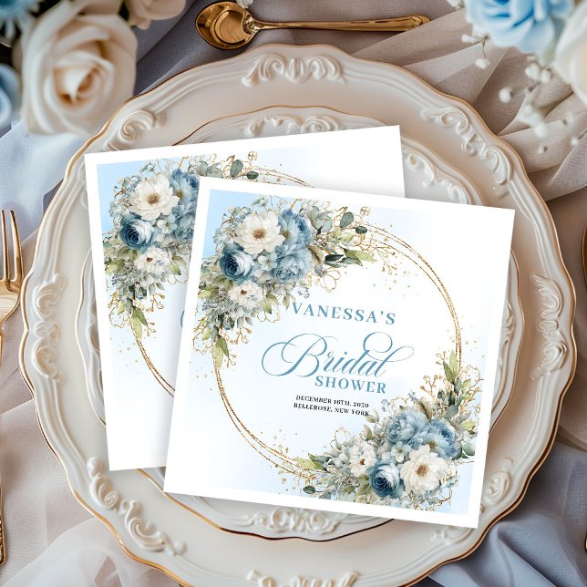 Servilleta De Papel De Cena Flores azules de acuarela eucalipto fiesta dorada (Watercolor blue florals eucalyptus gold party napkins

)