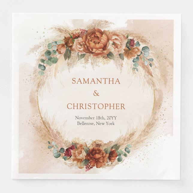 Servilleta De Papel De Cena Flores burdeos de moda Terracotta burgundy pampas  (Anverso)