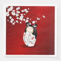 Flores de cerezo blanco rojo de muñeca Kokeshi