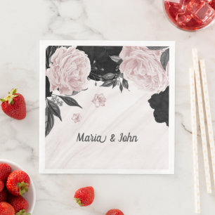 Servilleta De Papel De Cena Flores de mármol negras y rosadas hermosas