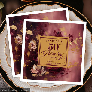 Servilleta De Papel De Cena Flores de Oro Rosa Marsala de Lujo Cumpleaños 50