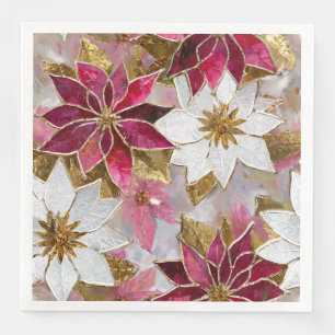 Servilleta De Papel De Cena Flores de Pascua Burgundy Rosa Oro Blanco Navidad