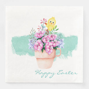 Servilleta De Papel De Cena Flores de primavera con pollito de Pascua