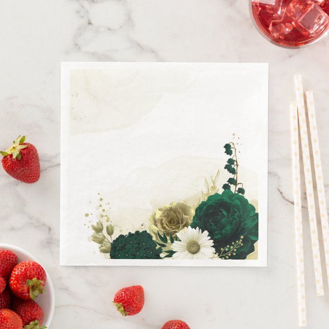 Servilleta De Papel De Cena Flores doradas de marfil verde esmeralda asombrosa (In situ)