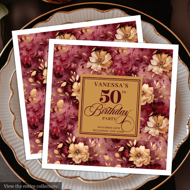 Servilleta De Papel De Cena Flores Doradas Rosadas Chic Marsala Cumpleaños 50 (Chic Marsala Blush Gold Flowers 50th Birthday Paper Dinner Napkins)
