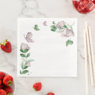 Servilleta De Papel De Cena flores moradas hojas verdes mariposas papel din