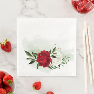 Servilleta De Papel De Cena Flores rojas y blancas con follaje