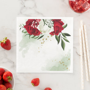 Servilleta De Papel De Cena Flores rojas y blancas con follaje