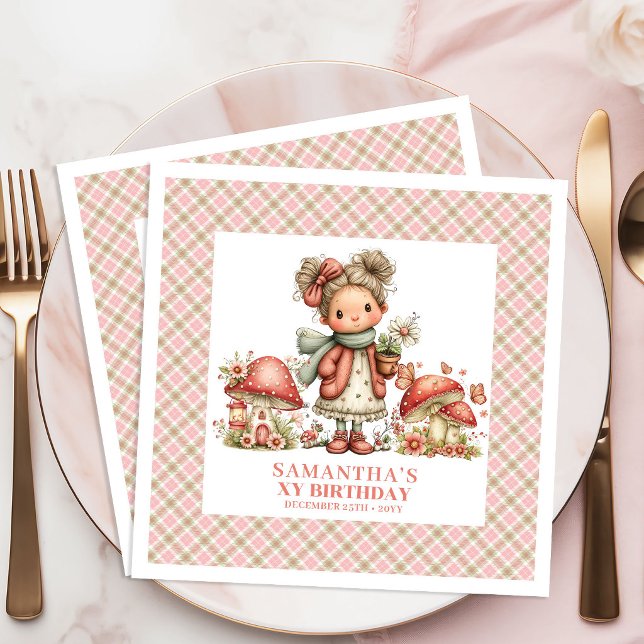 Servilleta De Papel De Cena Flores rosadas de hada adorable capricho servillet (Adorable Fairy Pink Flowers Whimsy Birthday Napkins)