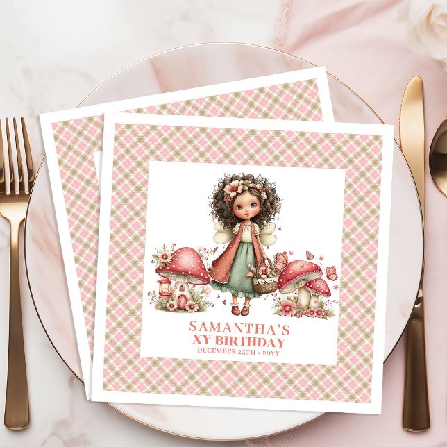 Servilleta De Papel De Cena Flores rosadas de hada caprichosas Cumpleaños con  (Whimsical Fairy Pink Flowers Custom Name Party Napkins)