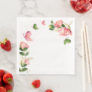 Servilleta De Papel De Cena flores rosas calientes hojas verdes mariposas