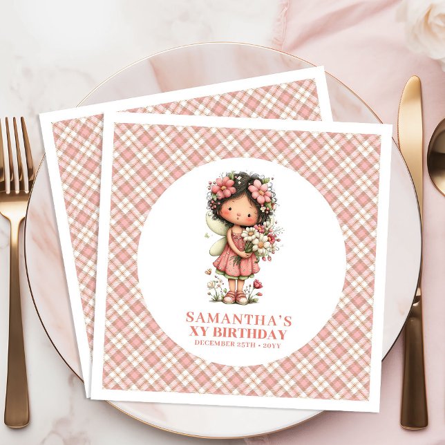 Servilleta De Papel De Cena Flores Sonrosadas de Hada Lindas Cumpleaños número (Cute Fairy Blush Flowers 5th Birthday Party Napkins)