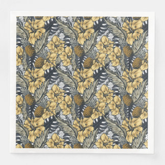 Servilleta De Papel De Cena Flores tropicales negras de lujo elegante Gold N'