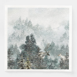 Servilleta De Papel De Cena Foggy Mountain Snowy Woodland Forest Stag Deer