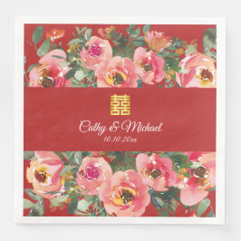 Servilleta De Papel De Cena Fondo de flores rosadas símbolo de doble felicidad