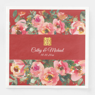 Servilleta De Papel De Cena Fondo de flores rosadas símbolo de doble felicidad