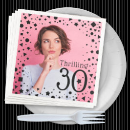 Servilleta De Papel De Cena Foto personalizado Pink Black Confetti 30 cumpleañ