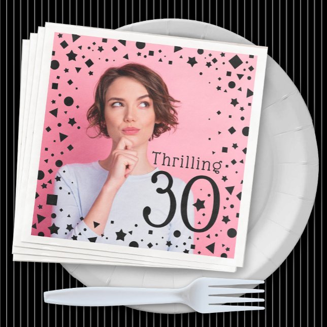 Servilleta De Papel De Cena Foto personalizado Pink Black Confetti 30 cumpleañ (Subido por el creador)