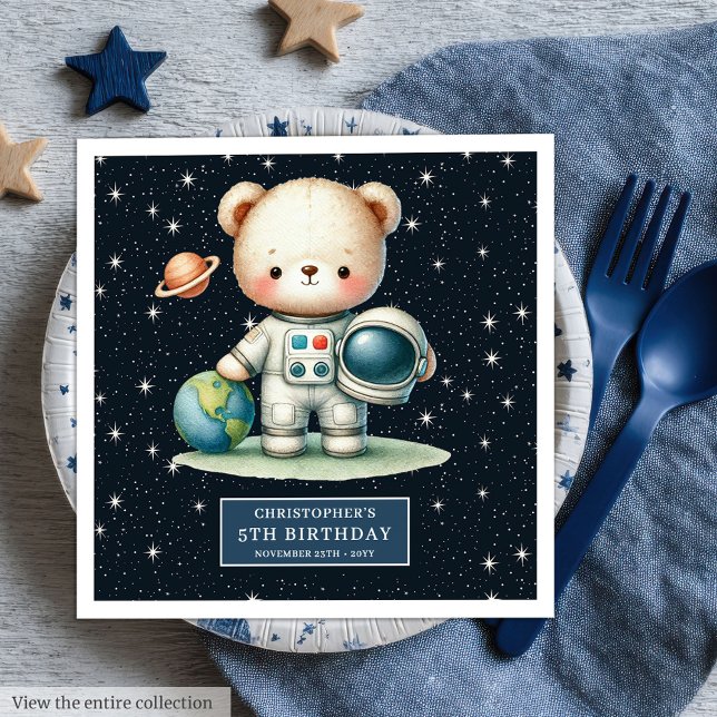 Servilleta De Papel De Cena Fun Teddy Astronauta Napkins Boy Birthday Personal (Fun Teddy Astronaut Napkins Boy Birthday Custom Name)