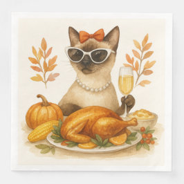 Servilleta De Papel De Cena Gato femenino con Día de Acción de Gracias en Turq