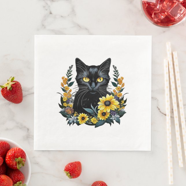 Servilleta De Papel De Cena gato negro con flores (In situ)