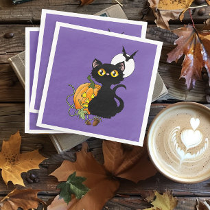 Servilleta De Papel De Cena Gato negro morado de la Calabaza de Halloween