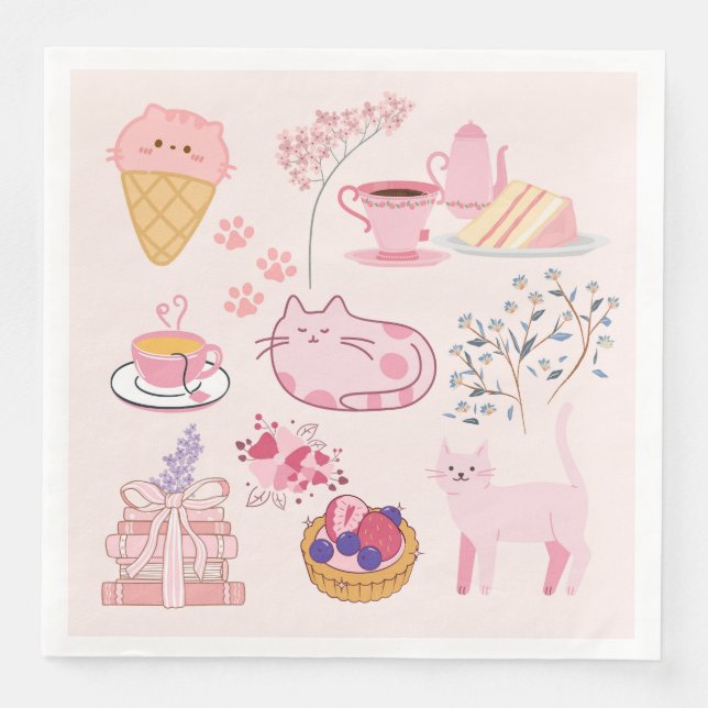 Servilleta De Papel De Cena Gatos de té rosa alto (Anverso)