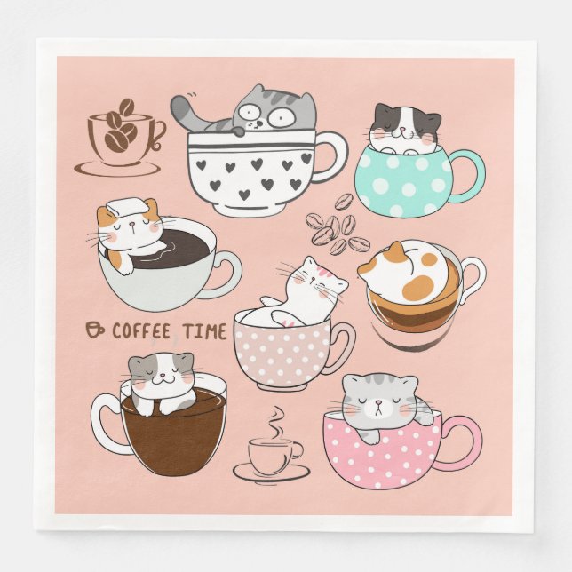 Servilleta De Papel De Cena Gatos en tazas de café (Anverso)
