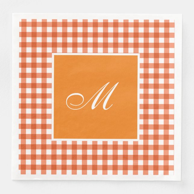 Servilleta De Papel De Cena Gingham a cuadros naranja personalizado (Anverso)