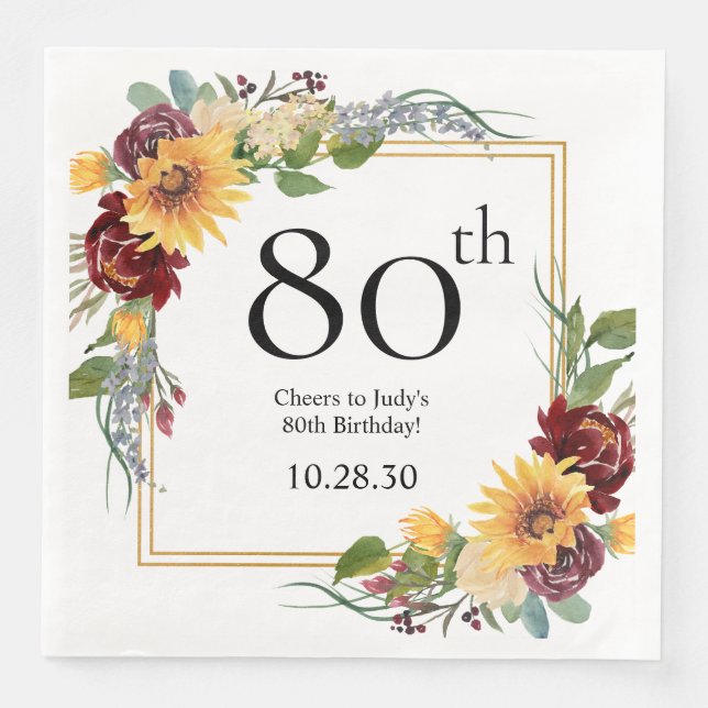 Servilleta De Papel De Cena Girasoles Cumpleaños 80 (Anverso)