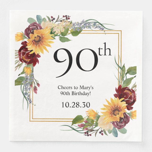 Servilleta De Papel De Cena Girasoles Cumpleaños 90 (Anverso)