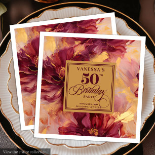 Servilleta De Papel De Cena Glam Boho Borgoña Rubor Dorado Floral 50 Cumpleaño