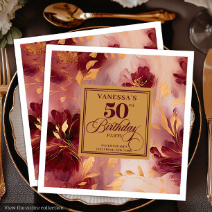 Servilleta De Papel De Cena Glam Burgundy Rubor Gold Floral 50 cumpleaños
