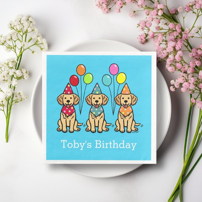 Servilleta De Papel De Cena Golden Retriever Cuppies Napkins de papel de cumpl (Golden Retriever Puppies Birthday Paper Napkins.  Cute Golden Retriever Cartoon Design for Birthday!)