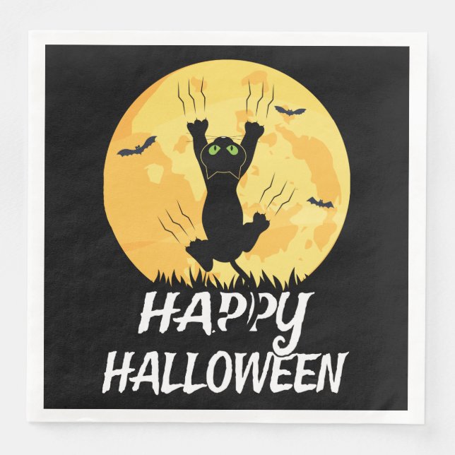 Servilleta De Papel De Cena Graciosa luna de gato negro feliz Halloween (Anverso)