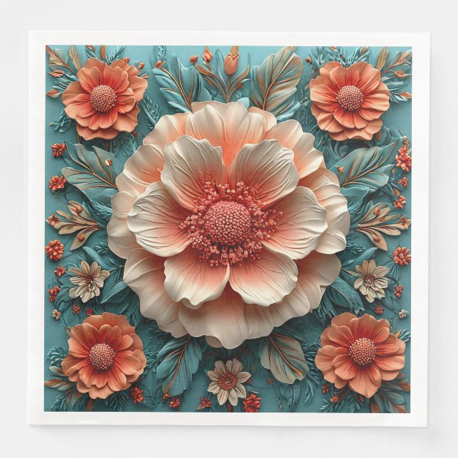 Servilleta De Papel De Cena Grandes Flores de Coral (Anverso)