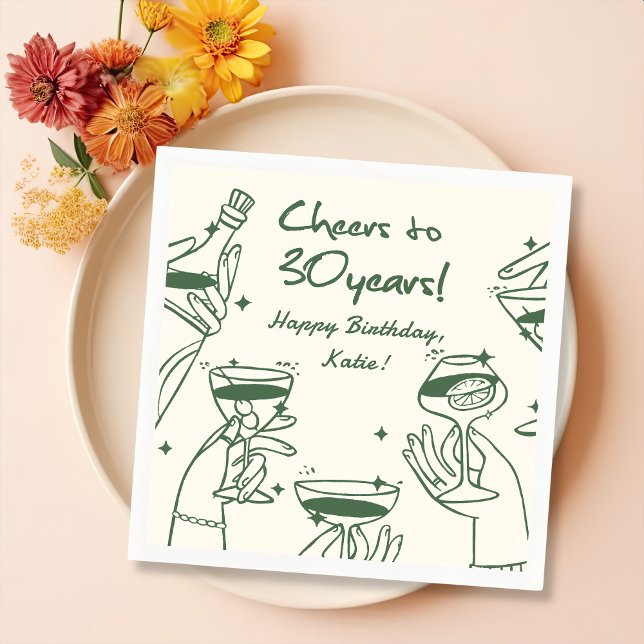 Servilleta De Papel De Cena Green Retro Handdraw Funky Cocktail Cumpleaños (Subido por el creador)