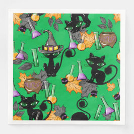 SERVILLETA DE PAPEL DE CENA HALLOWEEN VERDE CON GATOS NEGROS CUIDADOS