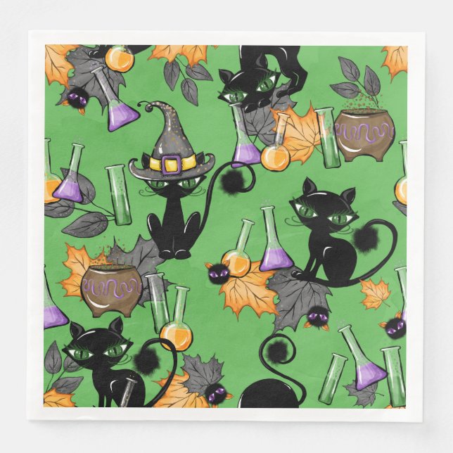 SERVILLETA DE PAPEL DE CENA HALLOWEEN VERDE CON GATOS NEGROS CUIDADOS (Anverso)