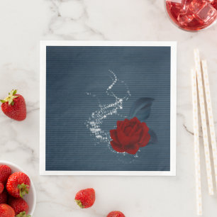 Servilleta De Papel De Cena Hermosa flor roja y hojas de color azul marino
