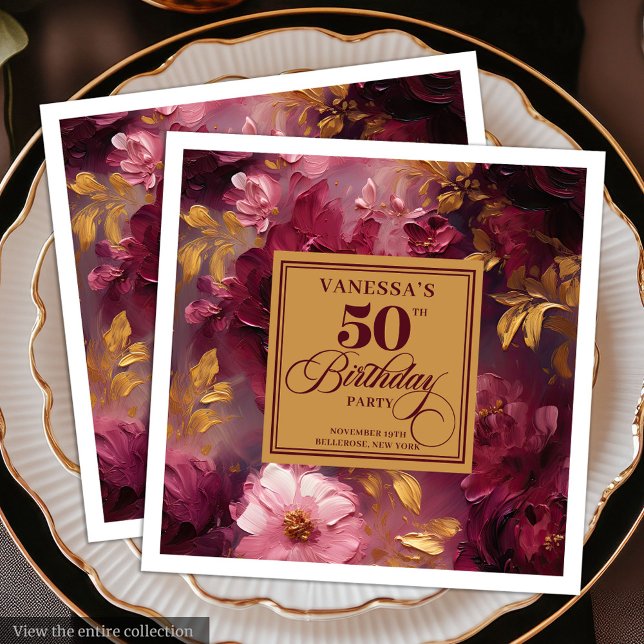 Servilleta De Papel De Cena Hermosa Servilleta de Cumpleaños Número 50 Boho Gr (Lovely Boho Maroon Blush Gold 50th Birthday Napkin)
