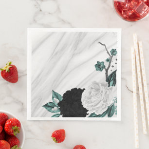 Servilleta De Papel De Cena Hermosas flores de mármol blancas negras y azul te