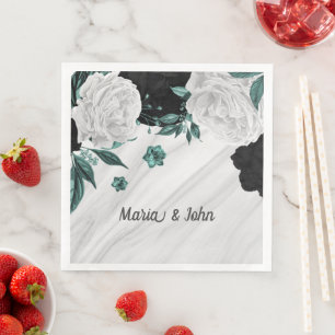Servilleta De Papel De Cena Hermosas flores de mármol negro blanco y azul verd