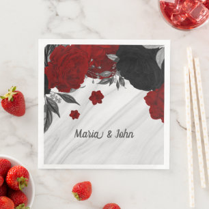 Servilleta De Papel De Cena Hermosas flores negras y rojas en mármol