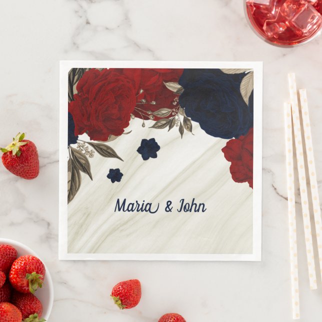 Servilleta De Papel De Cena Hermosas flores rojas y azules botánico  (In situ)