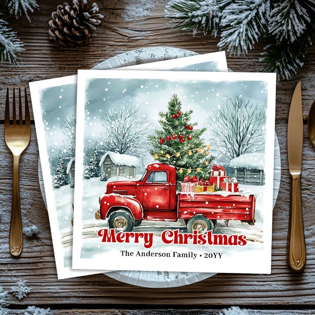 Servilleta De Papel De Cena Hermoso conjunto de servilletas navideñas con cami (Lovely red truck Christmas scene rustic napkin set)