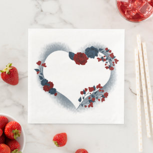 Servilleta De Papel De Cena Hermoso corazón de amor floral rojo y azul marino