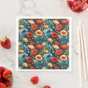 Servilleta De Papel De Cena Hermoso patrón de flores amarillas, azules y rojas