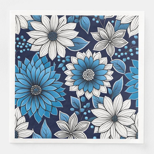 Servilleta De Papel De Cena Hermoso patrón floral azul y blanco (Anverso)